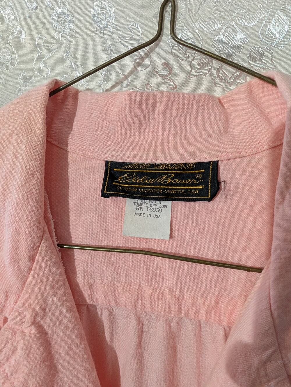 Vintage 80s Eddie Bauer Pink Cotton Shirt Dress Midi Camp Button Down